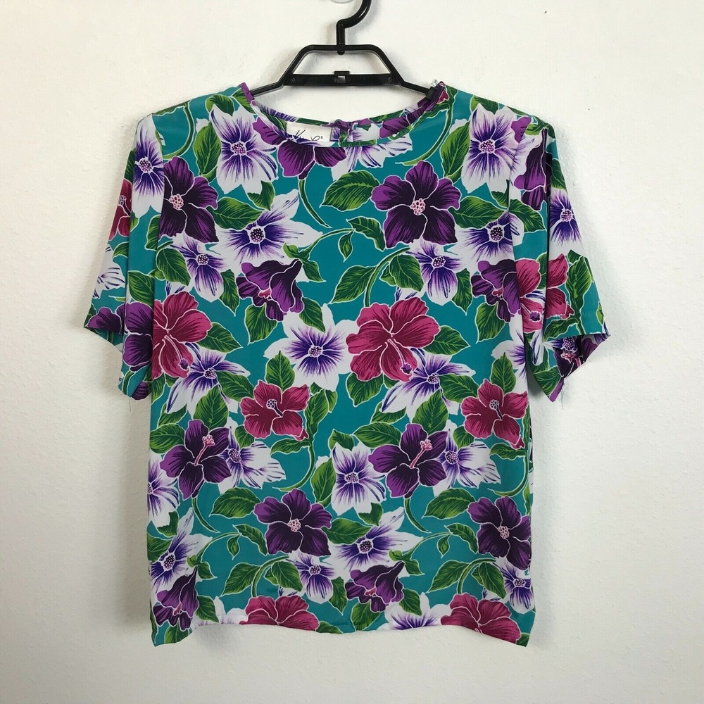 Vintage Kathie Lee Hawaiian Shirt Size 12 Multicolor Floral Short Sleeve Womens